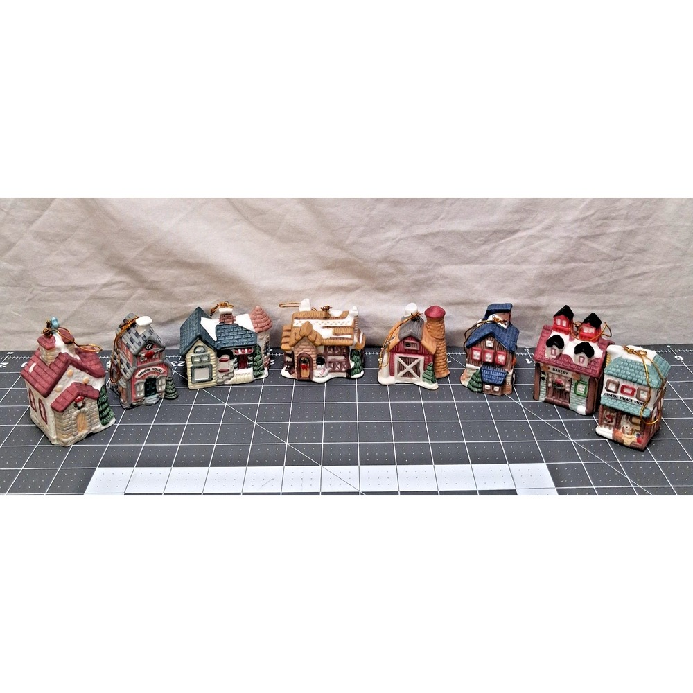 Lot of 8 Vintage Lighted Ceramic House Village Christmas Tree Ornaments Granny
